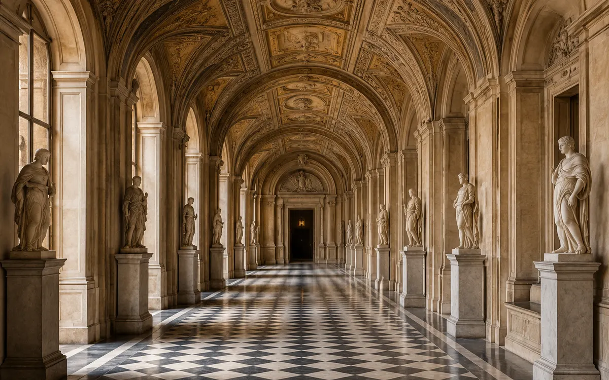 Galería del Museo del Louvre con esculturas y bóvedas decoradas